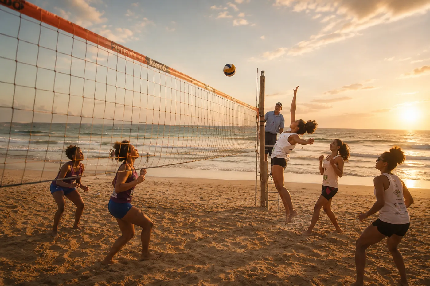 Jogo de vôlei de praia ao pôr do sol