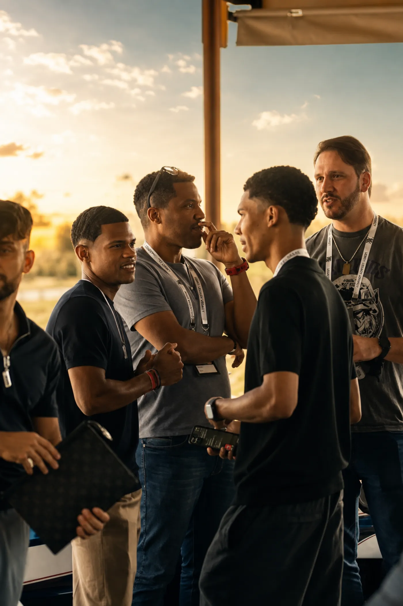 Membros do MVM conversando ao pôr do sol em um evento da comunidade